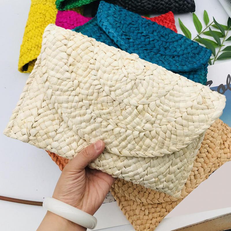Straw Clutch Handmade Woven Solid Color Casual Large Capacity Gift Summer Women Girls Straw Envelope Phone Bag Daily Use
