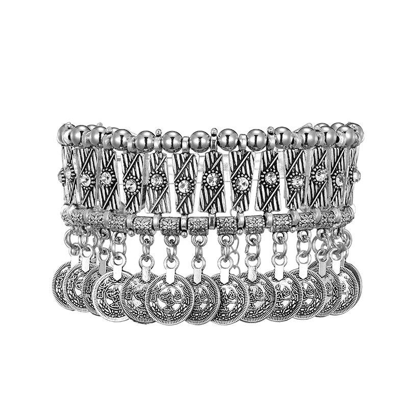 Винтажные массивные браслеты с кисточками для монет, модные металлические браслеты ручной работы с кристаллами и стразами, регулируемый этнический браслет