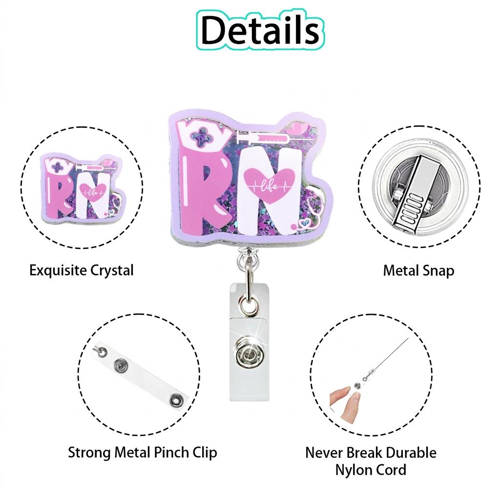 Acrylic Badge Holder Glitter ID Badge Holder Alligator Clip Badge Reel Strong Glitter Shaker Reel For Staff Clinics
