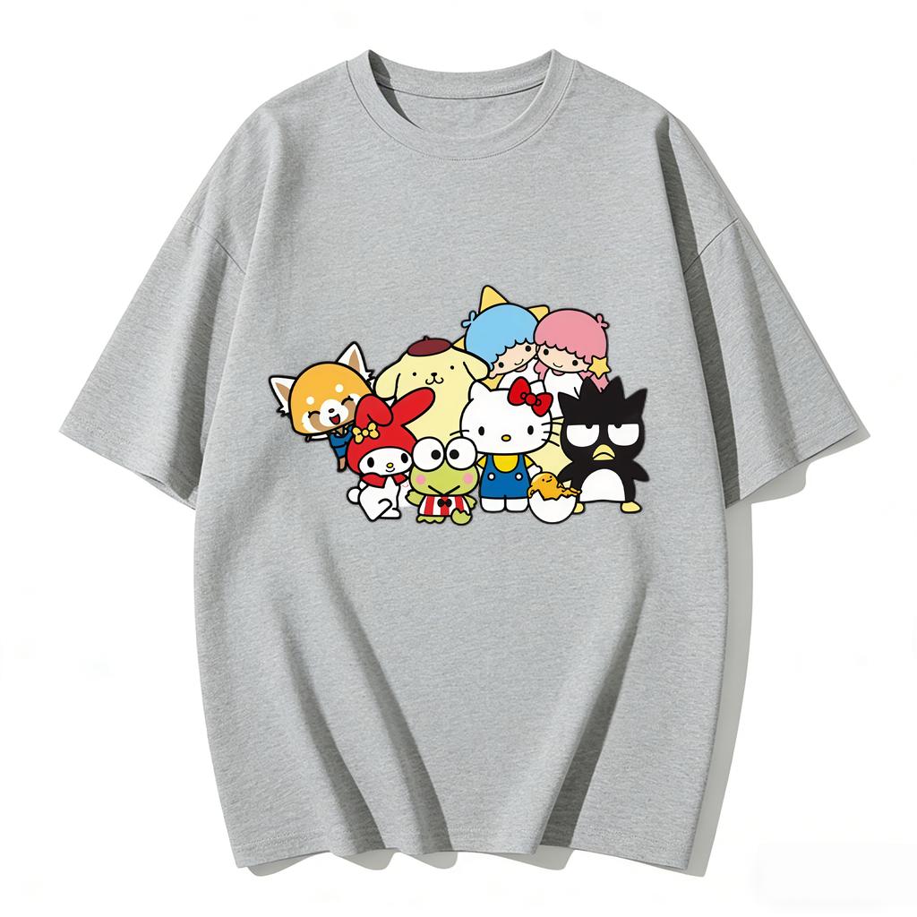 2026 New Sanrio Characters Group Cartoon Print Tshirt Family Matching Outfits Casual Short Sleeve Tee for Women Unisex Kids Tops