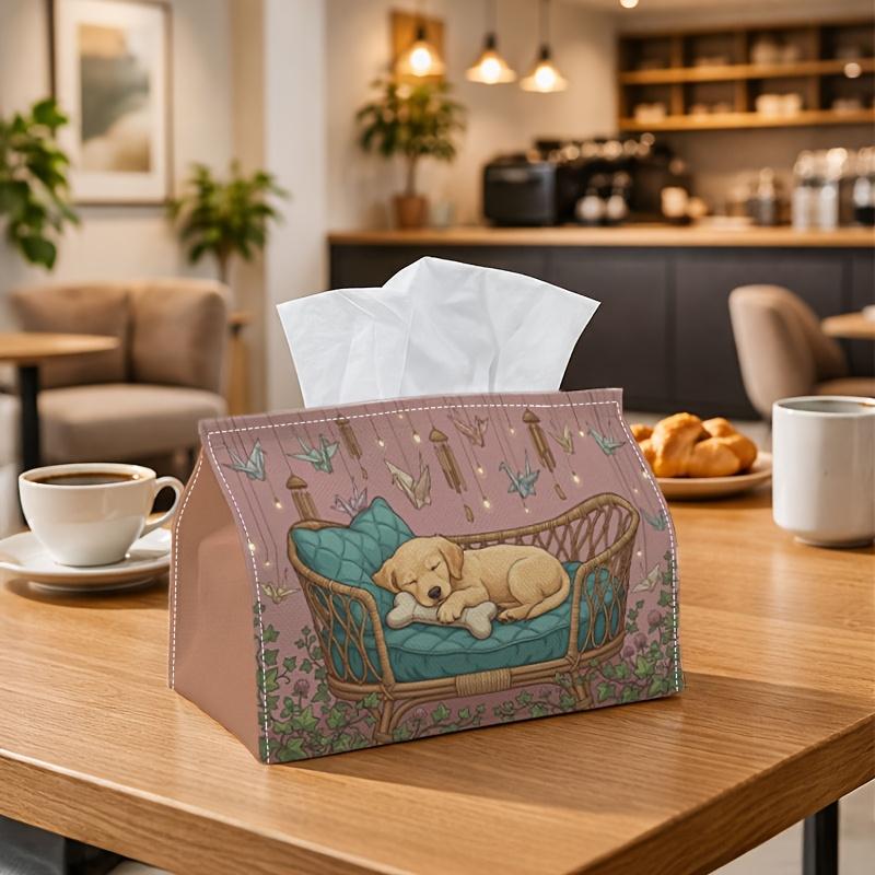 1pc Playful Pet Picture Tissue Holder - Cozy Dog Rattan Bed Napkin Organizer, Compatible with Rolls/Facial Tissues/Single Sheets, Available in Two Siz