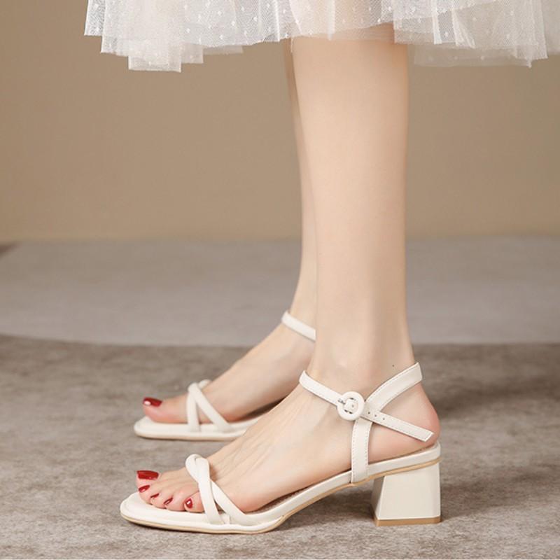 2024 Summer Women Sandals 4.5cm Mid Heel Shoes Square Toe Buckle Thick Heels French Elegance Ladies Footwear Thin Strap Sandals