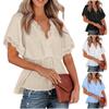 Women's Shirts Lace V Neck Solid Color Ruffle Hem Loose Short Sleeves Tops
