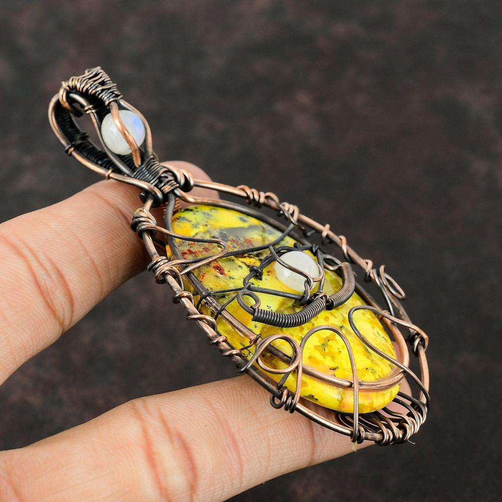 Сглаз Желтый Дендрит Опал Кулон Медная Проволока Обернутый Кулон Радуга Лунный Камень Ювелирные Изделия Из Драгоценных Камней Кулон Ручной Работы Ювелирные Изделия Из Проволоки Сглаза