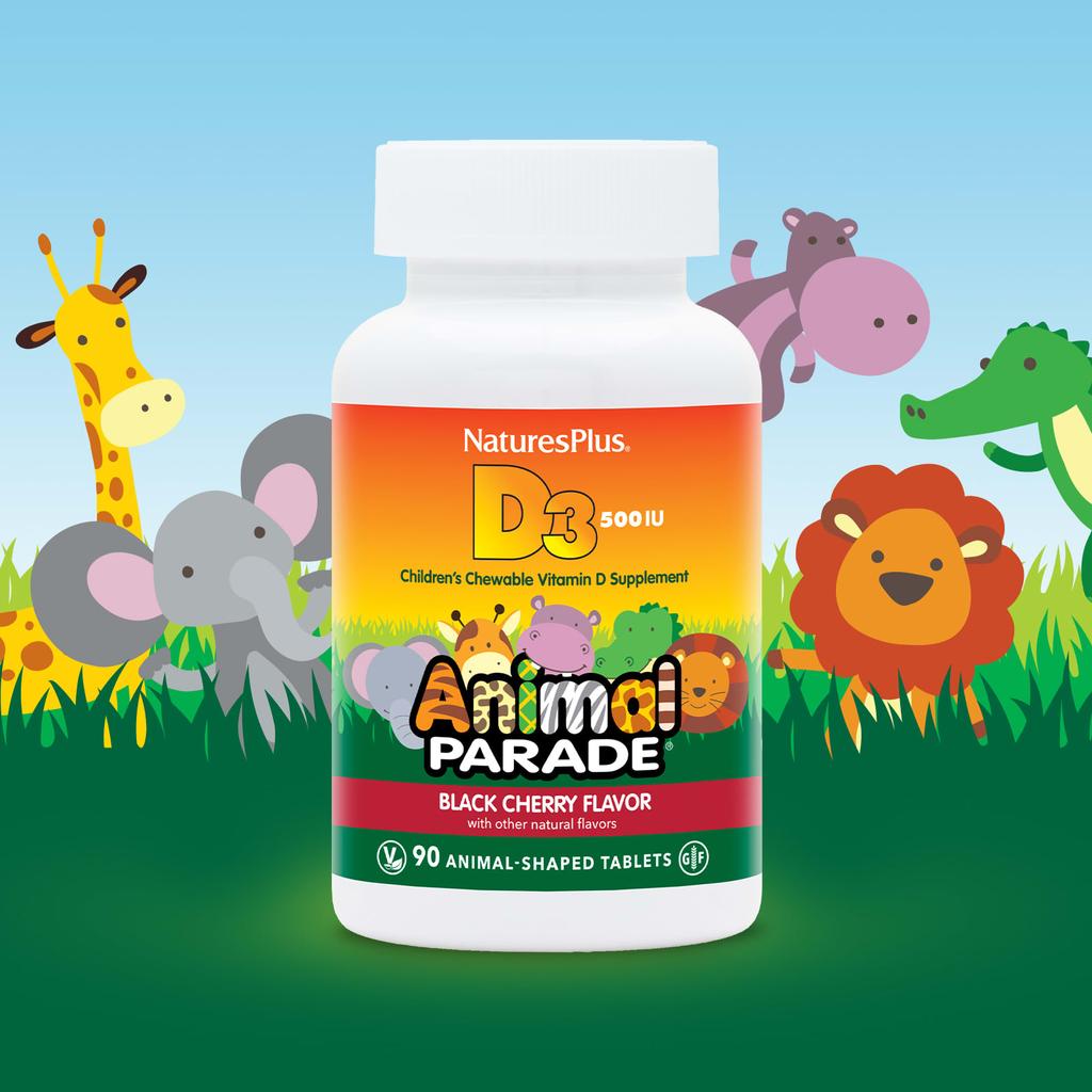 NaturesPlus, Source of Life, Animal Parade, витамин D3, натуральный вкус черной вишни, 500 МЕ, 90 таблеток в форме животных