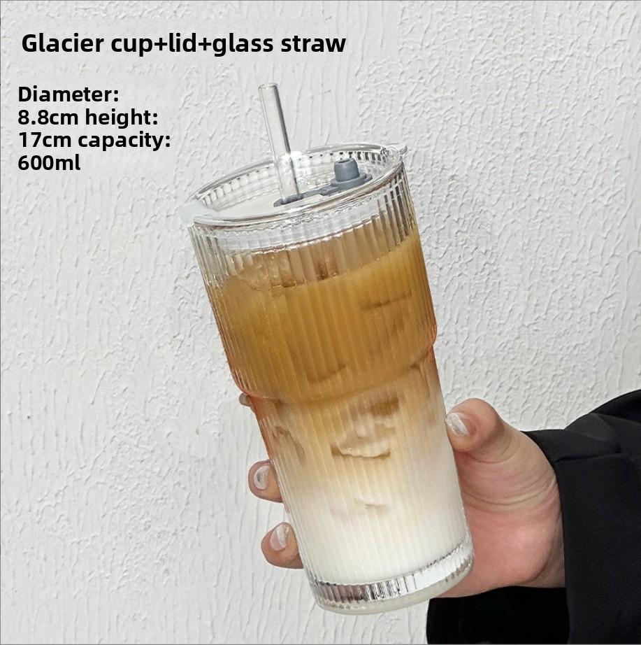 600ml Vertical Striped Glass Cup with Lid And Straw Cold Juice Coffee Drinkware Striped Mugs for Hot And Cold Beverages