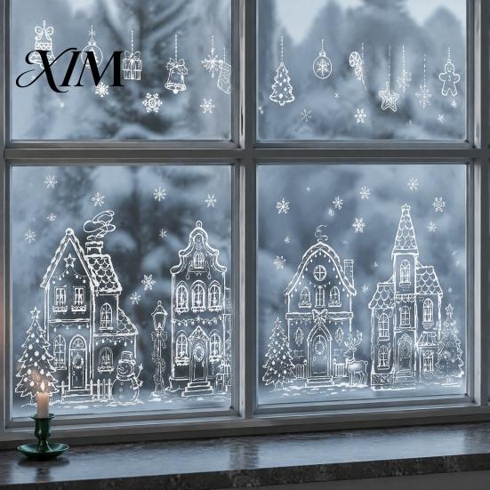 Static Window Decals 4Pcs Christmas Town House Stickers, Removable Snowflake Glass Home Ornaments Decals, Reusable PVC Clings for Holiday Party Decor