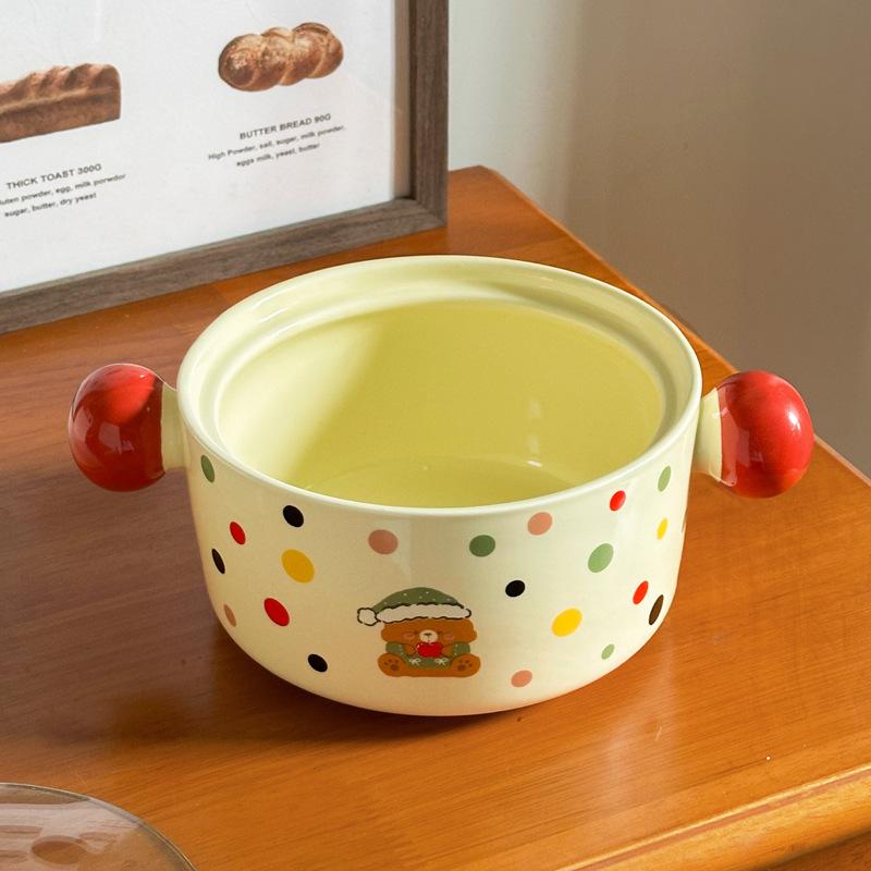 Ins мультяшная керамическая миска для лапши быстрого приготовления в горошек с крышкой, студенческое общежитие, миска для супа с улиткой, двуушная керамическая суповая миска, высококачественная посуда