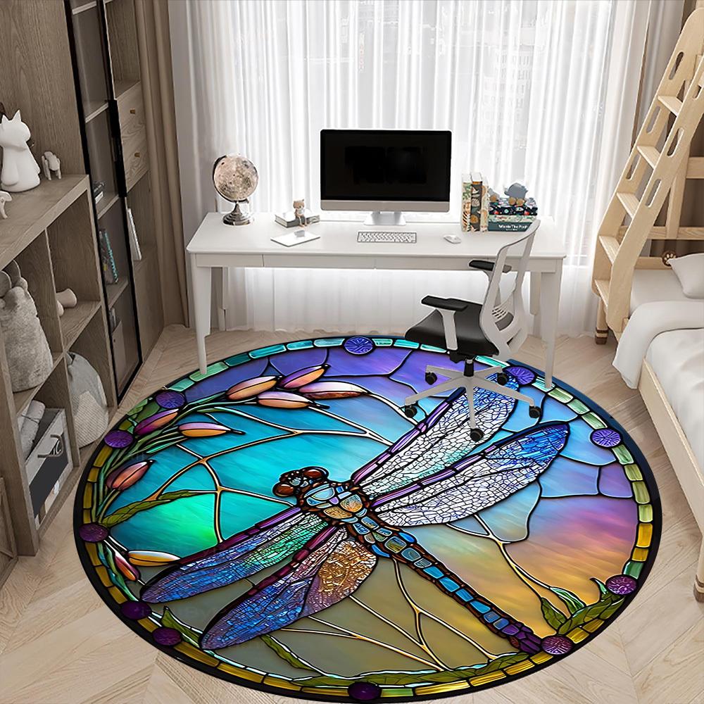 1PC Dragonfly StainedGlass Office Round Area Rug,  Mat Suitable ForOffice, Under Office Chairs Bedroom Living Room Home Decor, Room Deco