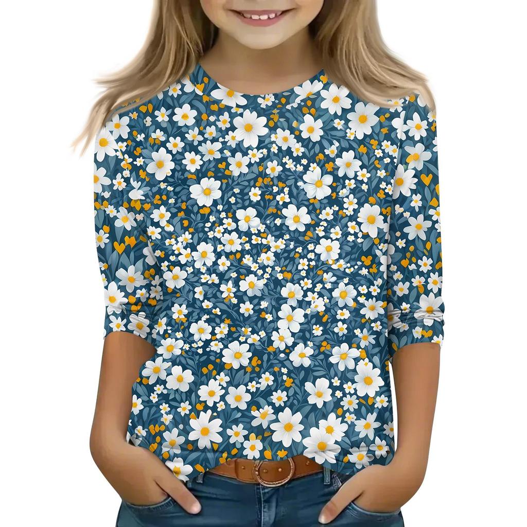 Children's 3/4 Sleeve Tops Casual Print T Shirt Round Neck Pullover Blouse