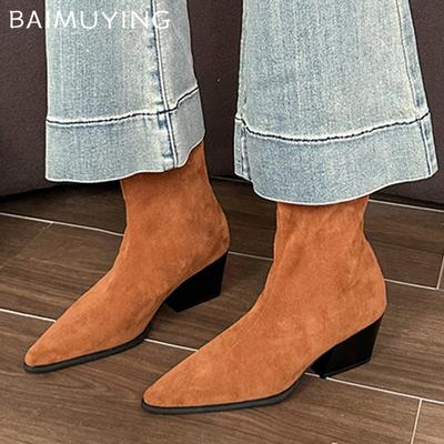 Женские ботильоны из массивной замши с острым носком, элегантные туфли на среднем каблуке, тренд 2025 года, новые туфли-лодочки в готическом стиле, зимние туфли-челси, женские туфли