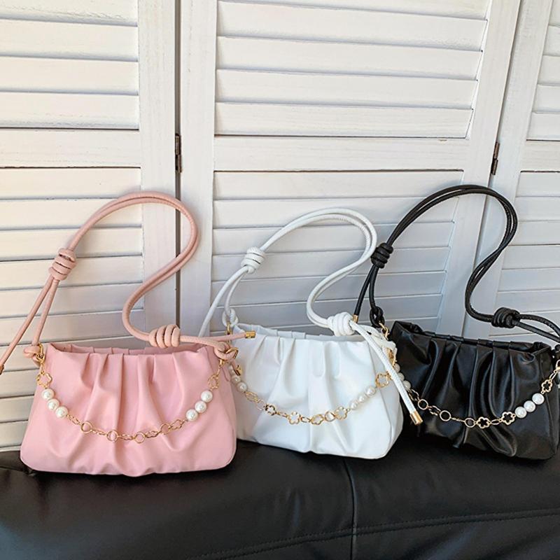 Женская сумка через плечо из искусственной кожи с цепочкой и бусинами, гладкая застежка-молния, плиссированная регулируемая глянцевая сумка большой вместительности