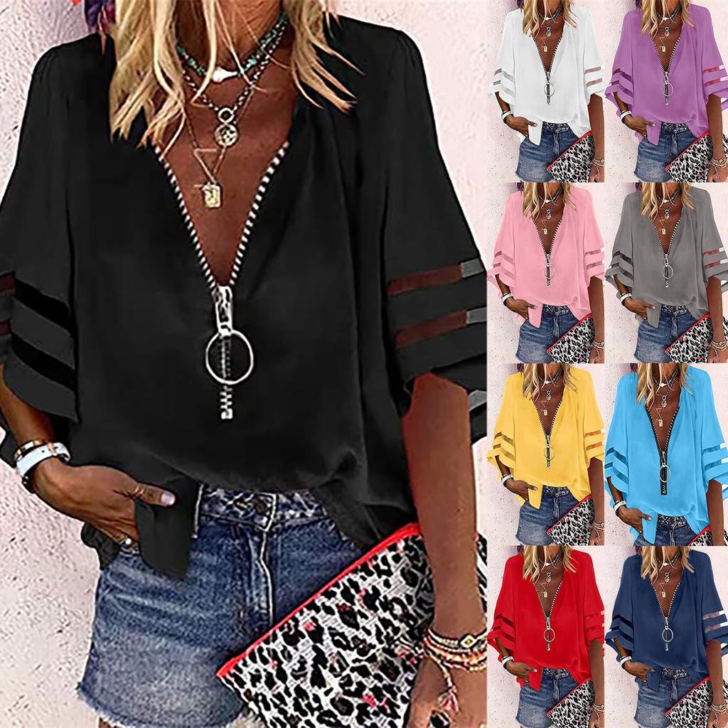 Women's Fashion Solid Colour Casual Loose Mid Sleeve Patchwork T-Shirt Top
