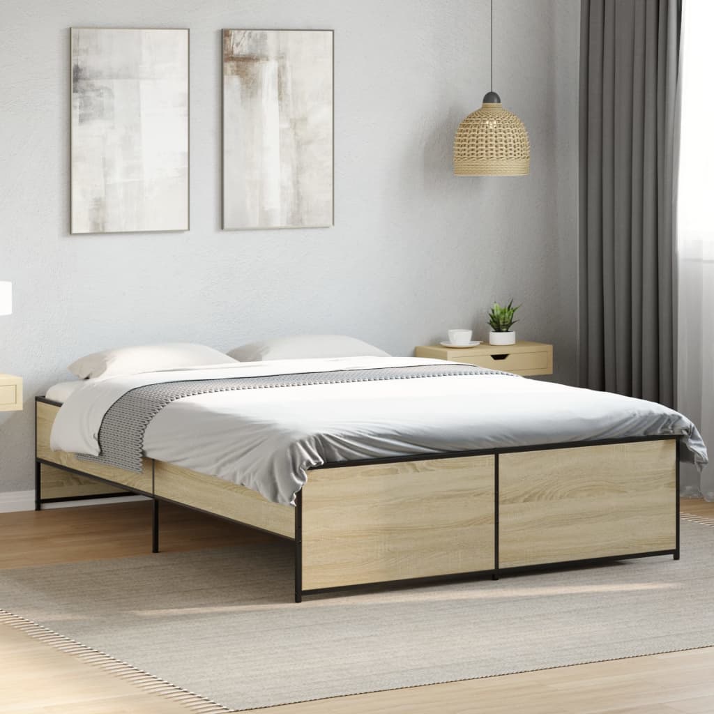 Bed Frame Sonoma Oak 140 x 190 cm Particleboard and Metal