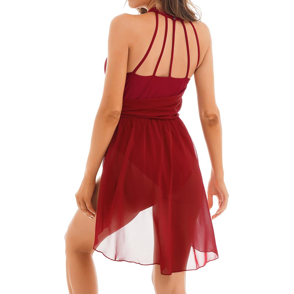 Женское танцевальное платье без рукавов, модное платье с асимметричной шифоновой юбкой и купальником