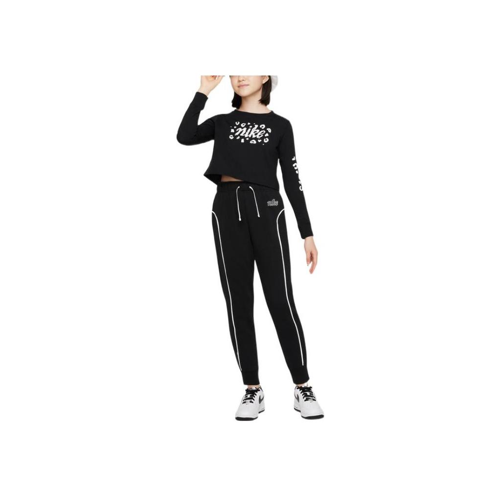Nike Принт логотипа Повседневные трикотажные спортивные брюки с завязками на манжетах Детские штаны черного цвета DQ8877-010