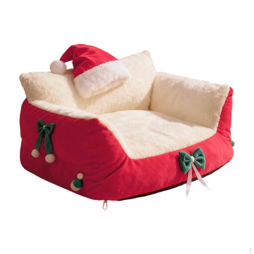 Cat Bed Sofa Pet Couch As Cute Furniture with Christmas Hat And Bows, Scratch-resistant