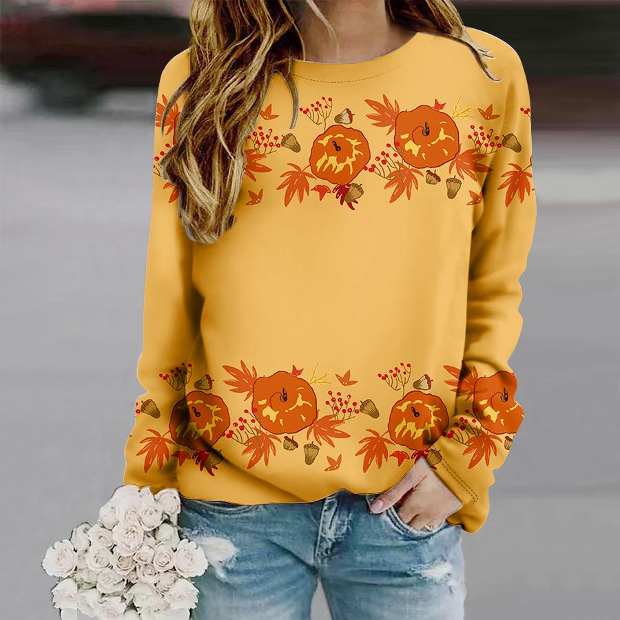 Топы для женщин с принтом оранжевого кленового листа, круглым вырезом и длинным рукавом, футболка, осенний повседневный тонкий пуловер, женский топ с длинным рукавом
