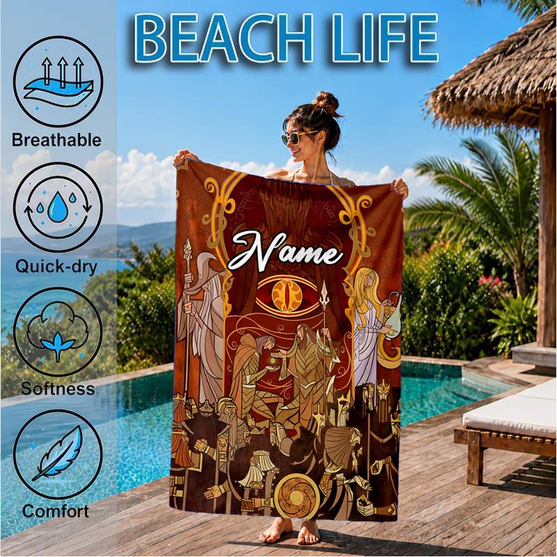 Custom Name Flame Sword: Lord Battle Heart In Space Adventure Microfiber Beach Towel, Lightweight for Summer Travel, Swimming Pool Fan Gift