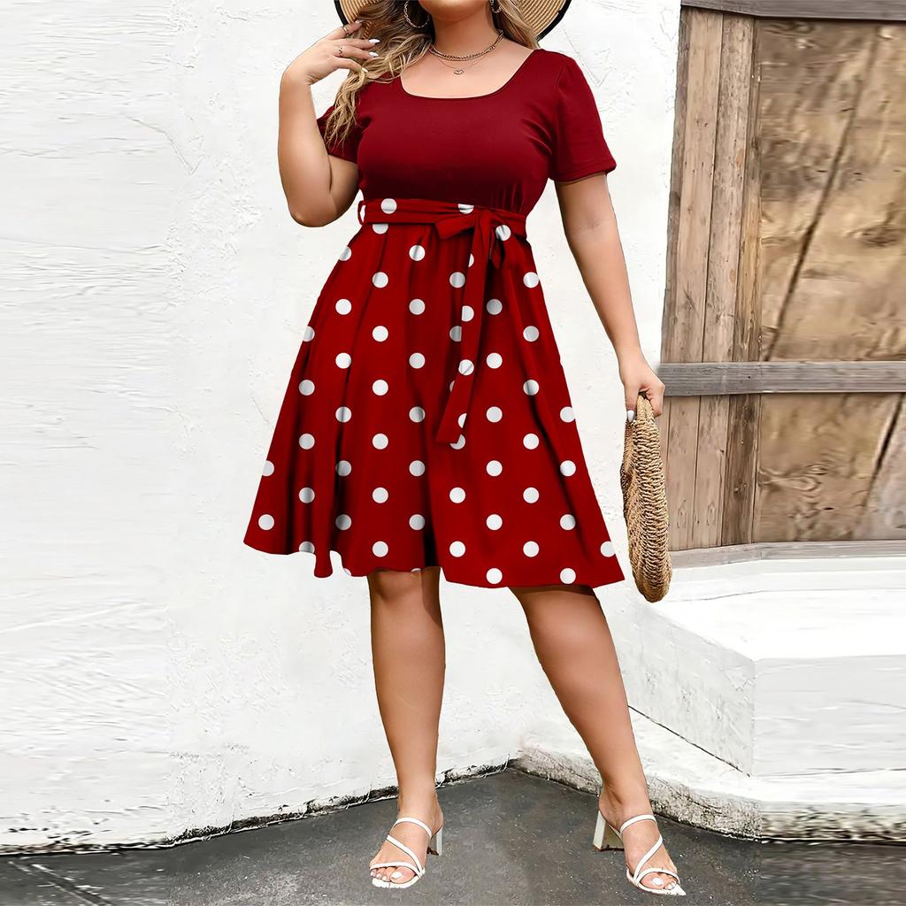 Женское модное и трендовое платье с круглым вырезом и короткими рукавами на талии с принтом размера плюс