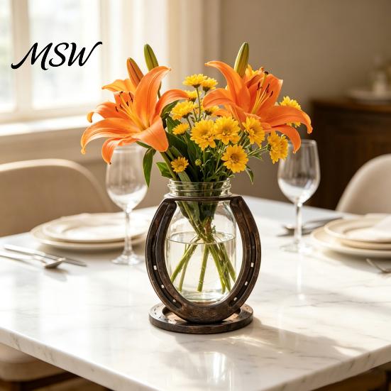 Elegant Desktop Flower Vessel Horseshoe Shaped Vase, Rustic Metal Frame with Creative Home Office Ornament Clear Glass Jar, Western Farmhouse