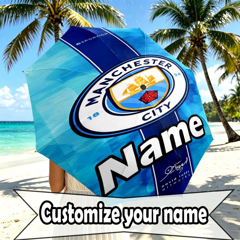 Custom Name Personalized Manchester City FC Print Umbrella, Auto Open Close, 8‑Rib Sturdy Frame, Commute Camping Hiking Use, Birthday Gift