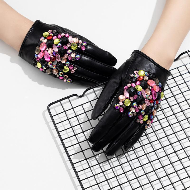 Leather Gloves for Women Short Sheepskin and Colorful Diamond Clothing and Accessories Fashionable and Warm Gloves