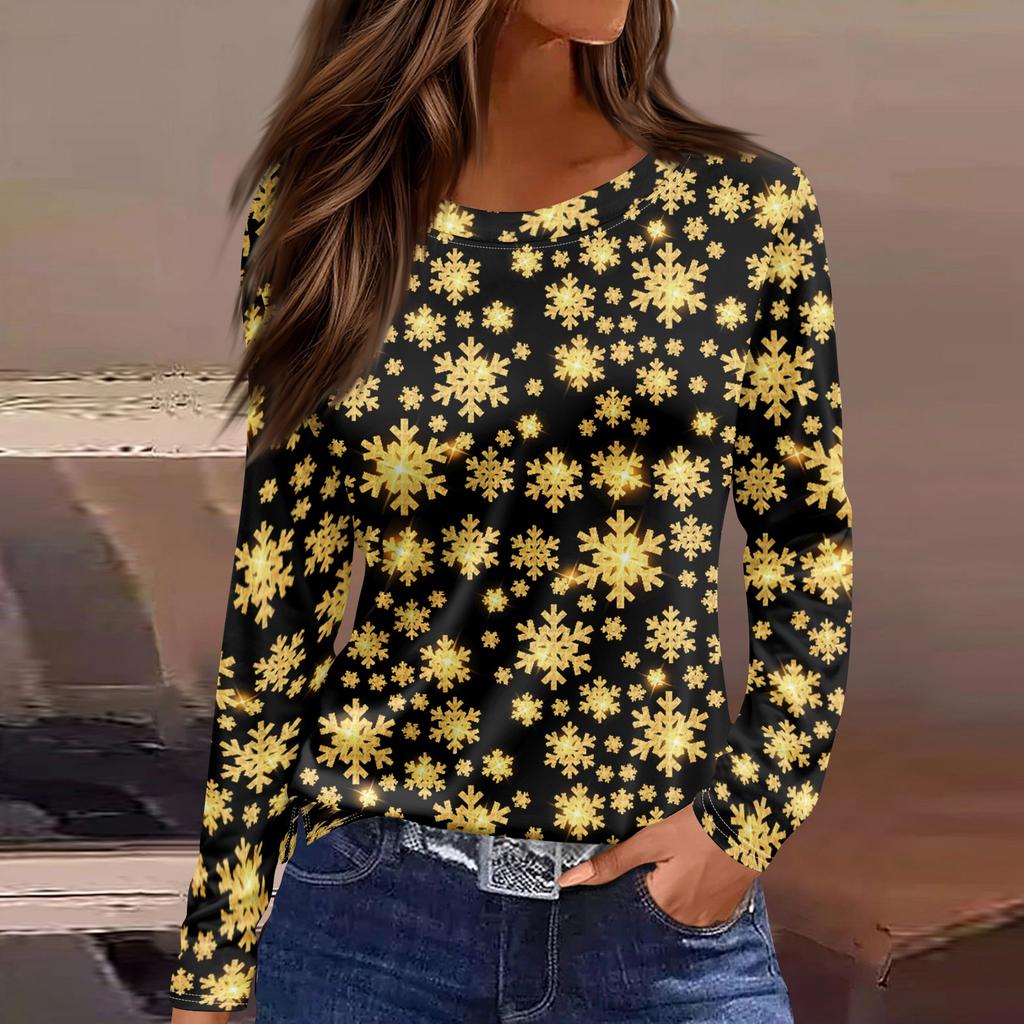 Women's Fashion Casual Slit Hem Round Neck Long Sleeve Loose Printed T-Shirt Ladies Top Christmas