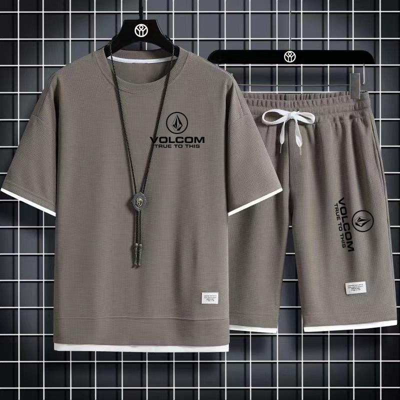 2025 VOLCOM Новый мужской спортивный костюм из 2 предметов с коротким рукавом, костюмы с принтом, футболка + штаны, студенческая повседневная летняя спортивная одежда