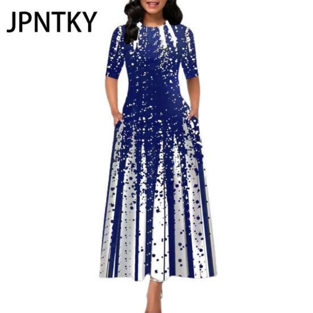 JPNTKY Casual Women Mid Waist Round Neck Pullover Dress Big Hem Print Dress Short Sleeve Ankle Length Dress Women Dresses