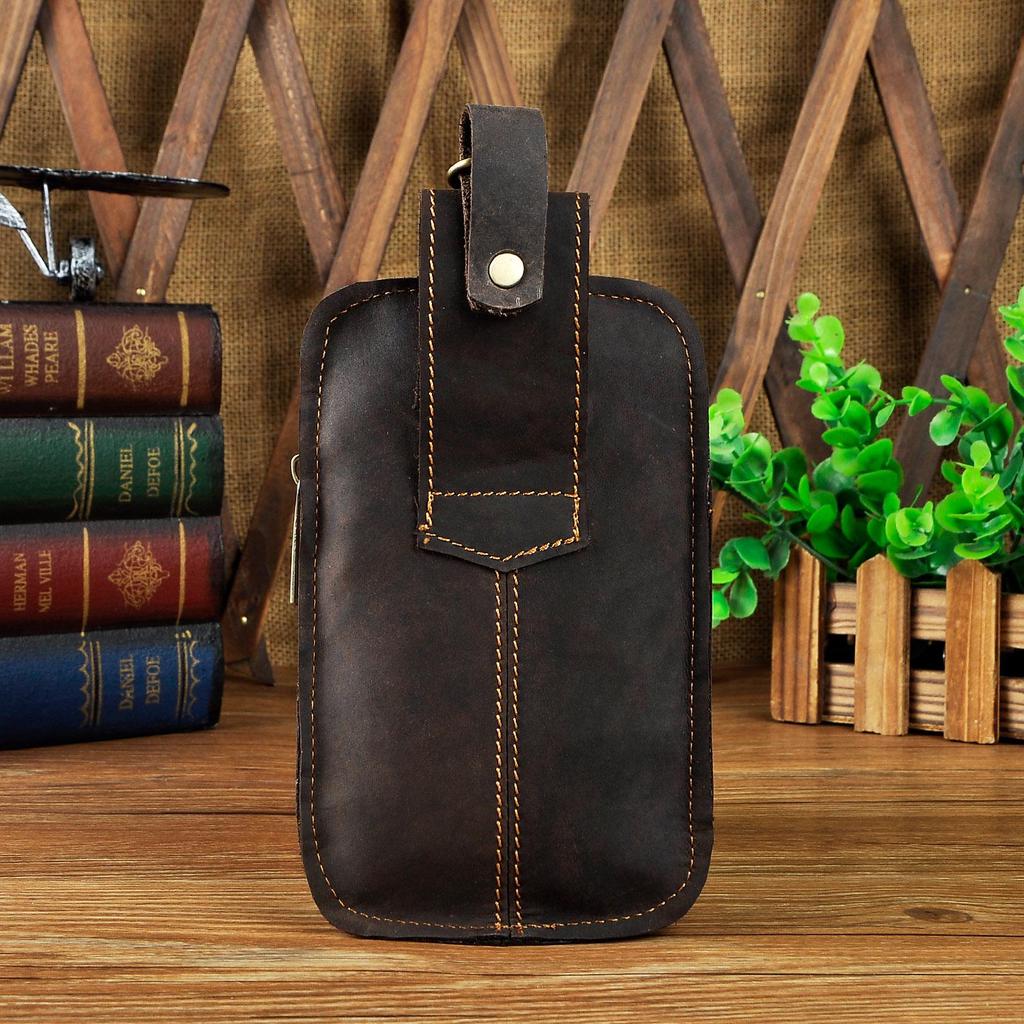 Real Leather Men Casual Design Small Waist Bag Cowhide Fashion Hook Bum Bag Waist Belt Pack 6" Phone Pouch