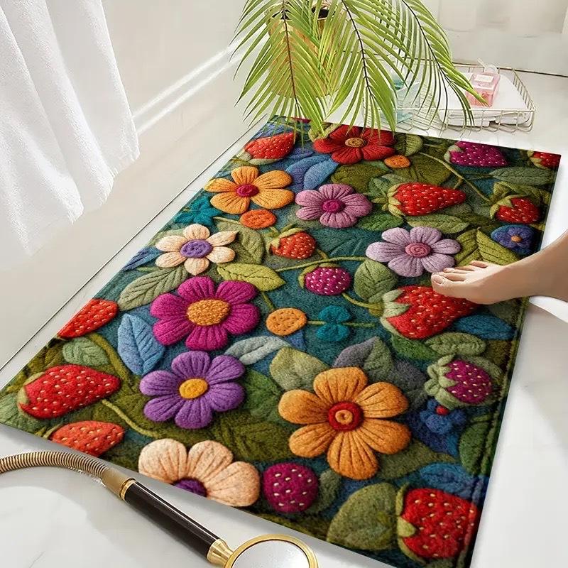 3D Цветочный Противоскользящий Коврик, Имитирующий Кашемир Коврик для Пола, Грязеотталкивающий и Легкий в Уходе Придверный Коврик для Входной Двери и Фойе, Впитывающий Коврик для Ванной