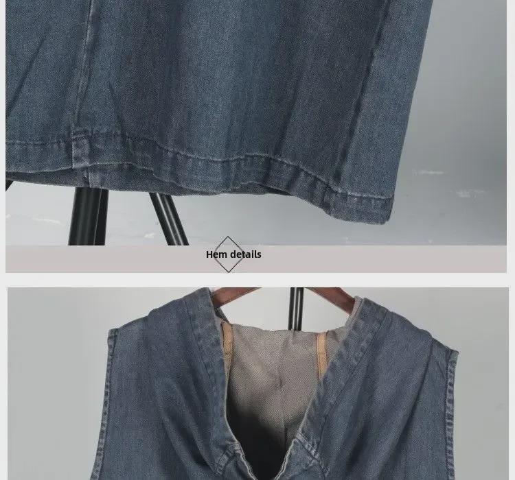 Корейское джинсовое платье большого размера с капюшоном и без рукавов — повседневное, утягивающее, антивозрастное