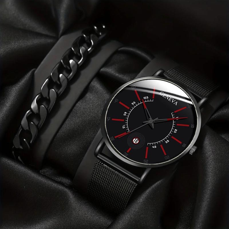 2pcs/set Fashion Men's Business Watch Mesh Strap Quartz Watch Classic Creative Calendar Wristwatch & Bracelet