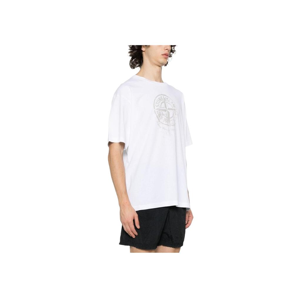STONE ISLAND Мужская футболка с коротким рукавом, круглым вырезом, принтом логотипа компаса однотонного цвета, весна-лето 2024, белая 80152RC87-V0001