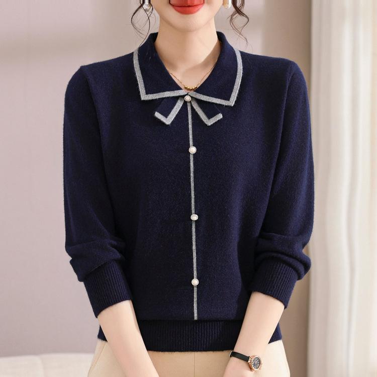Mom's Autumn Clothes New Early Autumn Lapel Sweater Spring and Autumn Long-sleeved Knitted Bottoming Shirt Women's Top