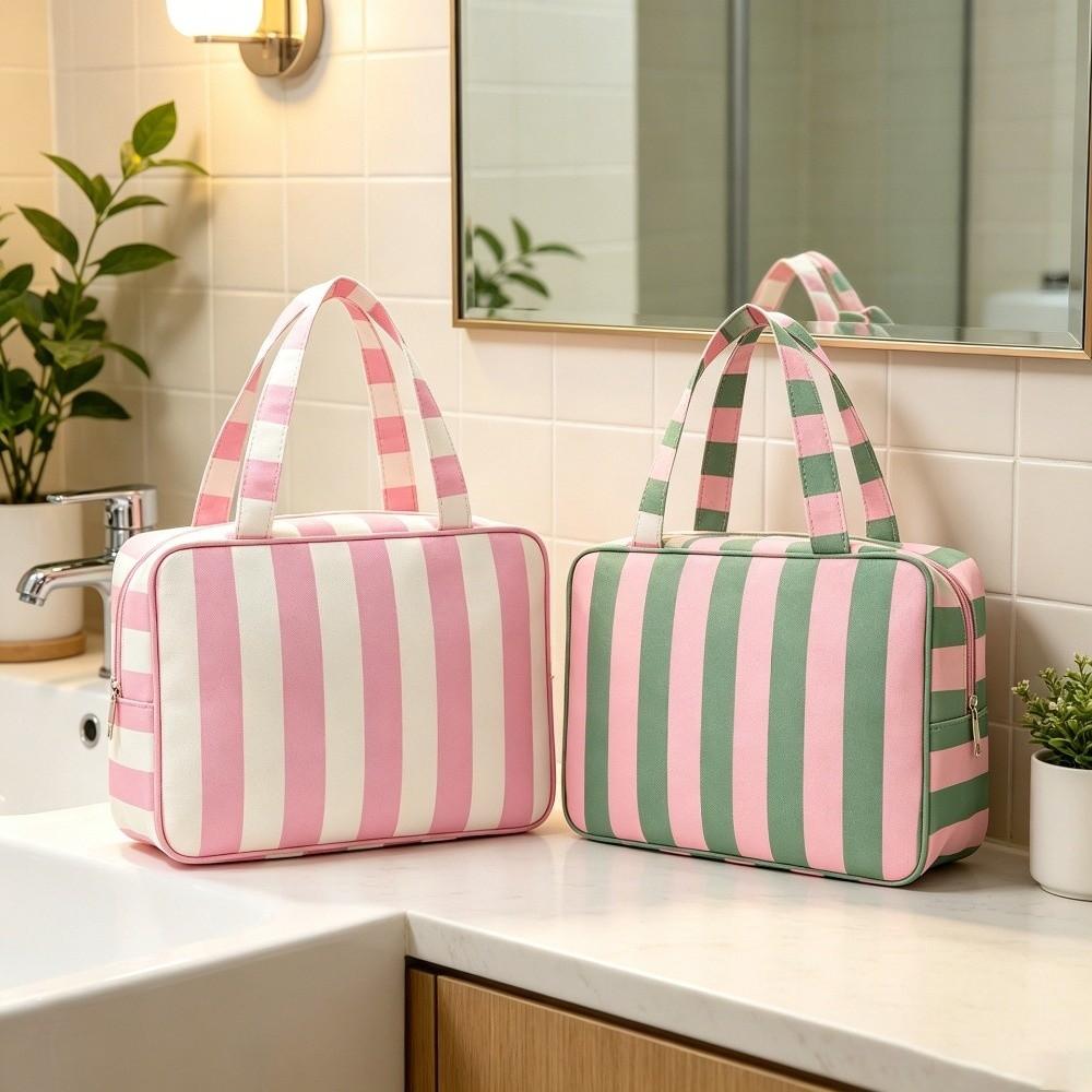 Large Capacity Striped Toiletry Storage Bag Multi Compartment Cosmetic Pouch Weekend Getaway