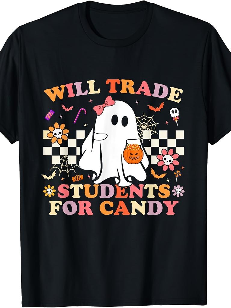 Will Trade Students for Candy Halloween Teacher Funny TShirtRetro Casual Crew Neck Printed T-Shirt