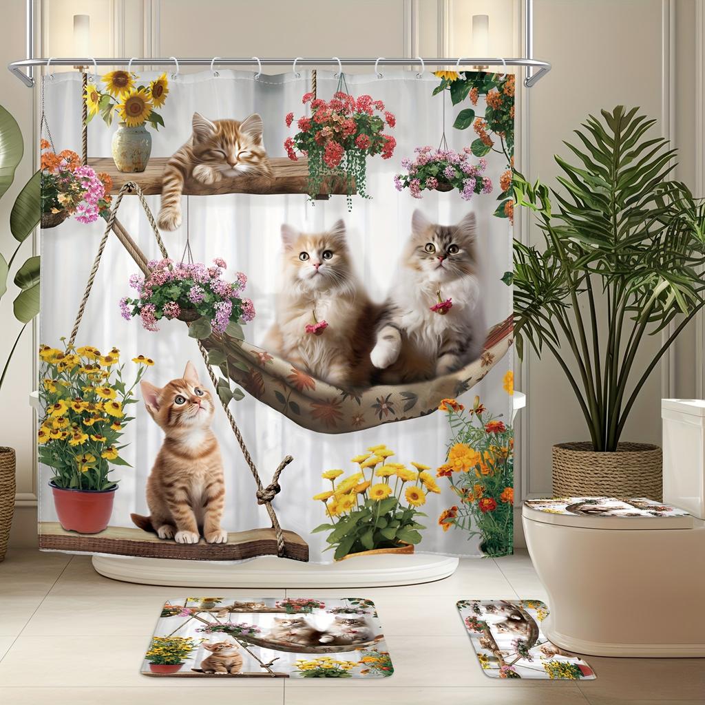 1/4 шт. Роскошный забавный кот, водонепроницаемый комплект занавесок для душа, декоративный набор для ванной комнаты, нескользящий коврик для унитаза, коврик для ванной и 12 крючков
