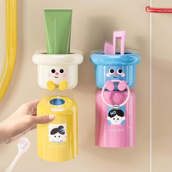 Cartoon Toothbrush Cup Holder Wall Mounted Storage Rack Space Saving Magnetic Upside Down Mouthwash Cups No-Drill Bathroom Organizer