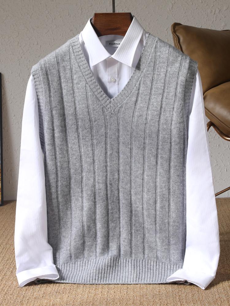 Мужской вязаный жилет с V-образным вырезом, без рукавов, утолщенный, 100% чистая шерсть - Однотонный, В рубчик, Стройнящий, Теплый