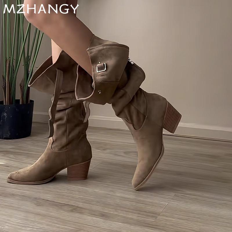 Замшевые сапоги с острым носком, высокие сапоги на среднем каблуке, дизайнерские массивные туфли, женские, тренд 2024 года, вестерн-ботинки «Челси», туфли-лодочки, новые женские ботинки