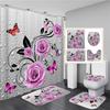 3D Butterfly Flower Fabric Waterproof Shower Curtain Bathroom Curtains Set Blue Pink Rose Non-Slip Rug Toilet Lid Cover Bath Mat