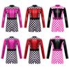 Kids Girls Long Sleeve Checkerboard Printed Jumpsuit Biketard Race Car Driver Cosplay Costume for Halloween Gymnastics Dance