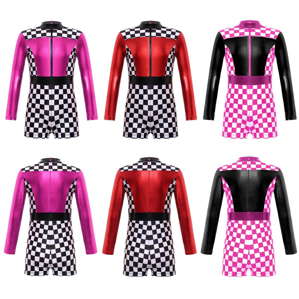 Костюм гонщицы, гоночный автомобиль, с длинным рукавом, клетчатый принт, молния сзади, короткий комбинезон, костюм для косплея