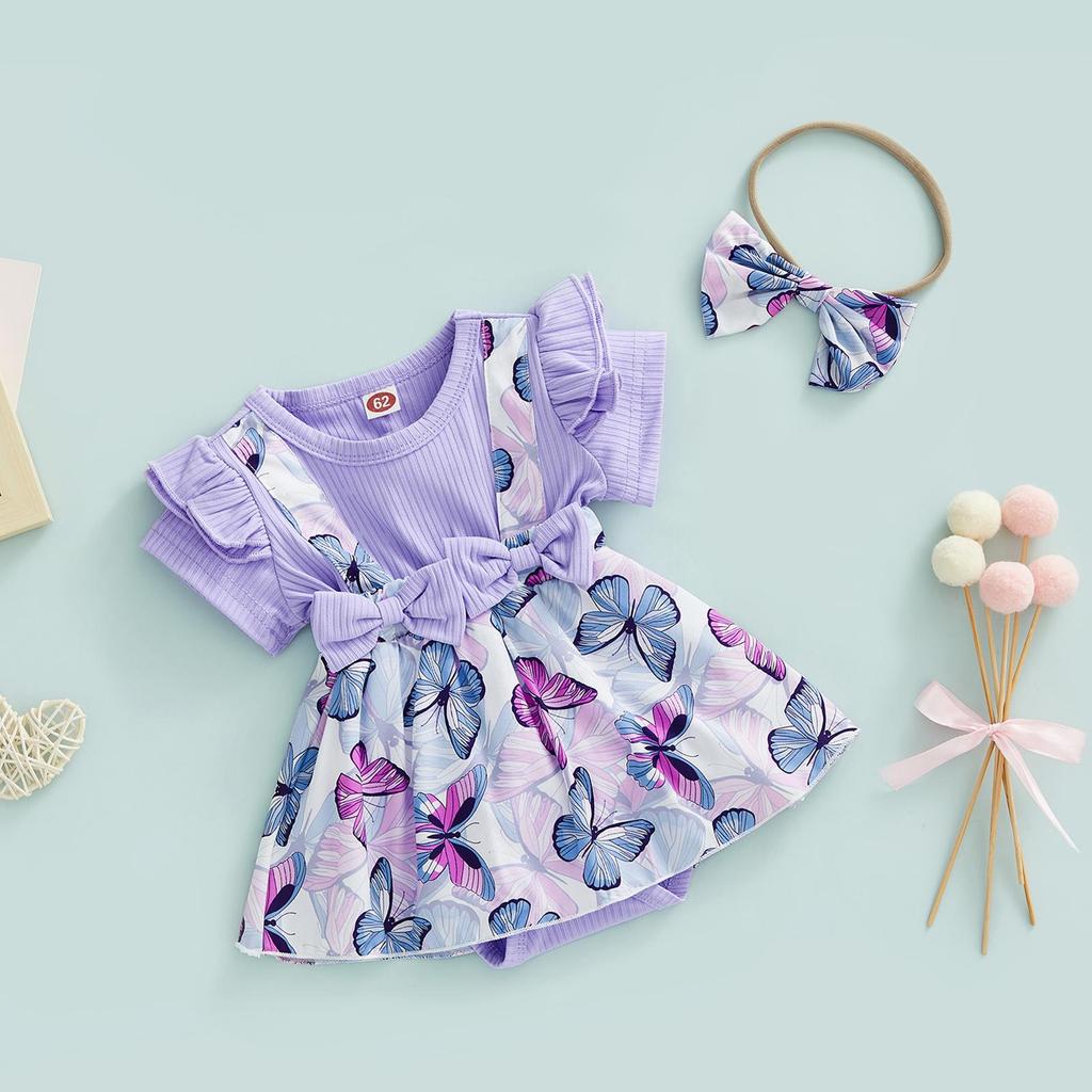 Комбинезон с короткими рукавами для маленьких девочек + повязка на голову с бантом, 3 м, 6 м, 9 м, 12 м, 18 м, летняя одежда принцессы с круглым вырезом и принтом бабочки