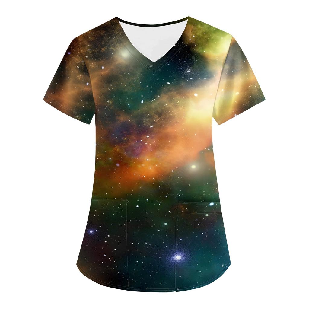 Женская модная астральная принтованная футболка с коротким рукавом и V-образным вырезом с маленьким карманом