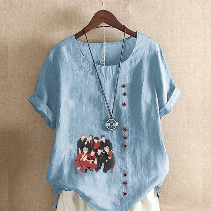 Женская модная футболка с круглым вырезом и коротким рукавом, повседневная хлопковая льняная рубашка с рисунком, свободная мужская летняя блузка с принтом, топы