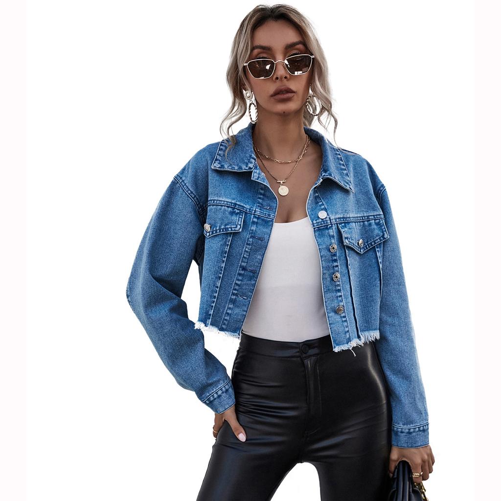 GMXIA Autumn Winter Long Sleeve POLO Neck Women's Fashion Loose Short Denim Jackets & Coats