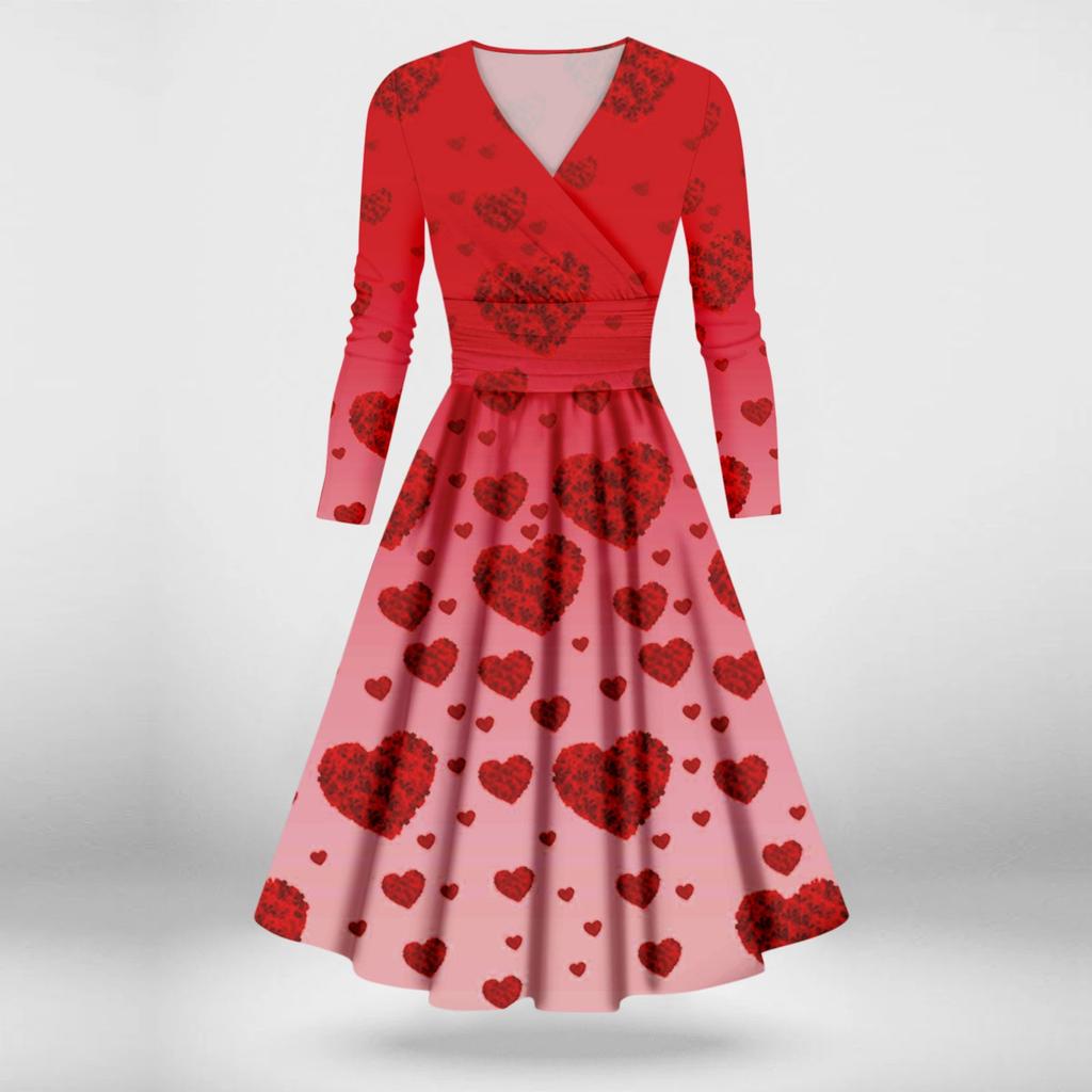 Женская мода повседневные платья на День святого Валентина с принтом, длинным рукавом и V-образным вырезом, сексуальные платья